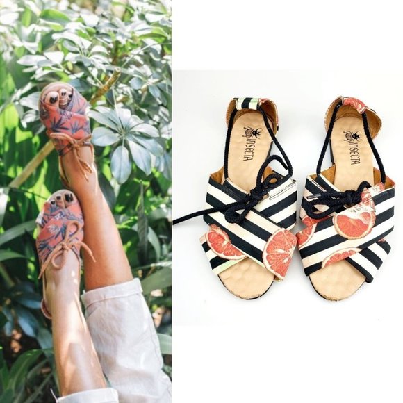 INSECTA Black white Striped Orange Fruit UNISEX Vegan Flats M 6.5 W 7.5 Peep Toe - Picture 1 of 11
